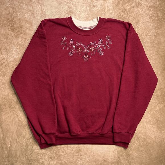 Vintage 90s Sunburst Floral Rhinestone Crewneck Sweatshirt Burgundy Cottagecore - Picture 9 of 9